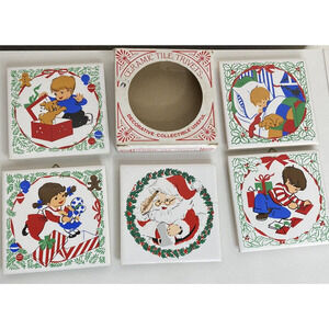 5 JASCO 1981 Vintage Ceramic Christmas Tile Coasters Trivets Santa Puppy Tree